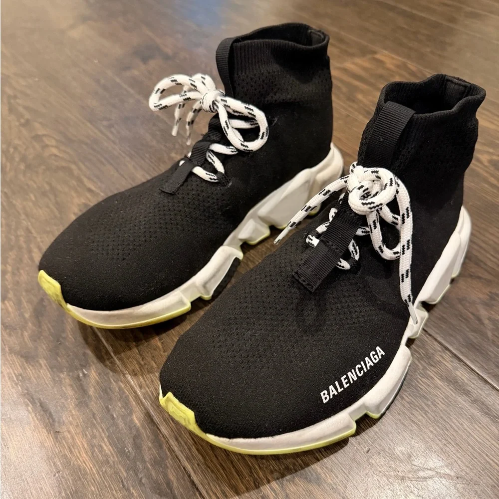 Balenciaga Black and White Knit Sneakers SZ 10 with Neon Accent - Picture 2 of 6